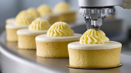 A modern cake production line showcases a robotic arm meticulously decorating individual cakes with swirling frosting
