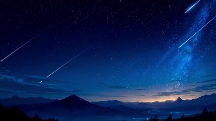 A breathtaking cinematic nightscape filled with radiant shooting stars streaking across the dark sky, illuminating the vast cosmos with shimmering trails and celestial brilliance overhead - Powered by Adobe