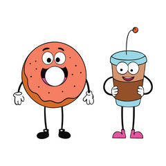 A playful cartoon coffee cup and cheerful donut, smiling and dancing together, bringing fun, sweetness, and morning joy in a whimsical, colorful scene.
