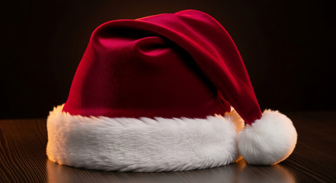 Image of red Santa hat with white trim on dark wooden surface, symbolising Christmas holiday, festive season, warmth and traditional celebration