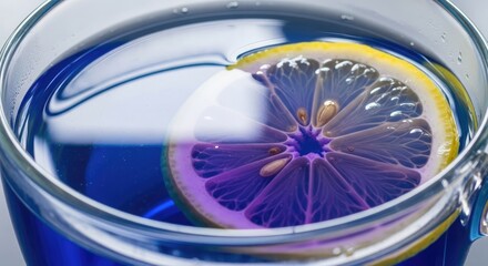 A close-up showcases vibrant blue liquid in a clear glass cup, complemented by a lemon slice. The light refracts, highlighting the lemon's details and creating an ethereal ambiance