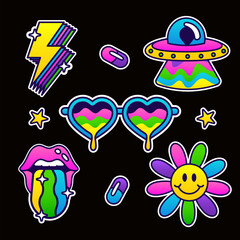 Neon colored y2k punk sticker collection. Crayon drawn rock and roll icons, punk text stickers. Marker scribbly rock grunge doodles for scrapbook, collage and zine design. Fire, lightning and hearts.