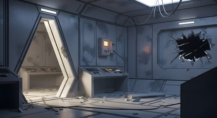 Abandoned Space Station Interior: A stark, desolate interior of a derelict space station, hinting at a tale of abandonment and interstellar desolation.