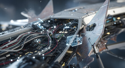 Futuristic Machine Interrogation: Intricate wiring and advanced components are unveiled within a cutting-edge machine, showcasing complex technology. 