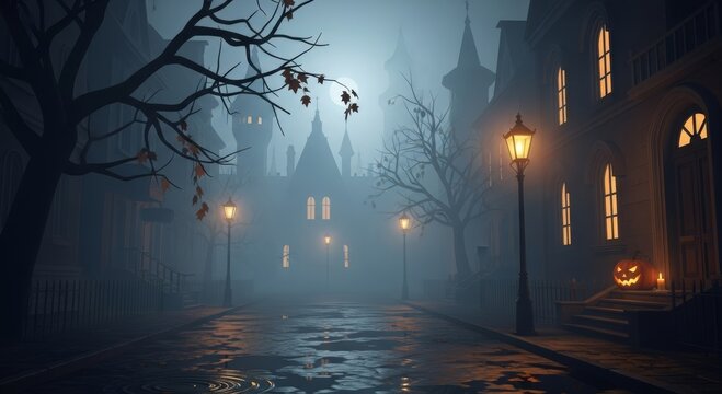 Eerie night scene with foggy street and lit jack-o'-lantern - Powered by Adobe