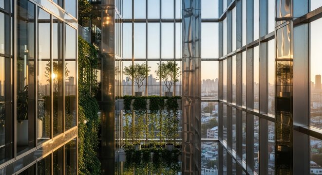 Modern glass structure with city view, green wall, and reflection of sunset, nature
