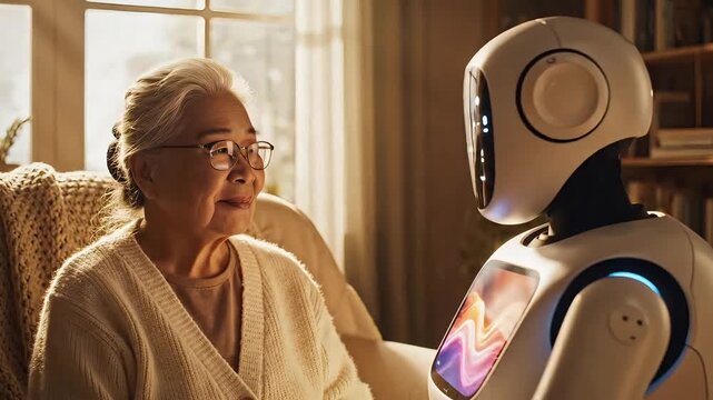 Senior woman enjoying conversation with modern robot companion in cozy living room, showcasing future technology and elderly care assistance