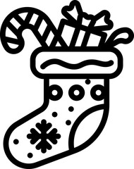 Outline icon of a Christmas stocking filled with gifts and candy cane.