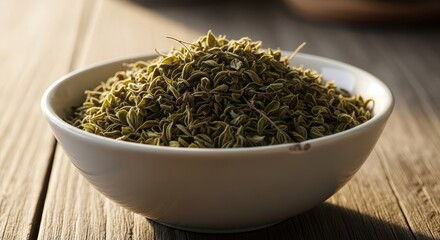 Fototapeta premium Dried oregano fills a white bowl, set on a weathered wooden table, capturing sunlight