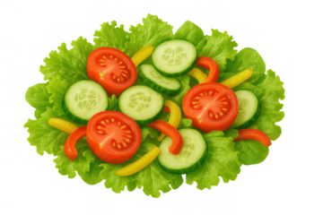 Fresh garden salad composed of crisp lettuce, sliced cucumber, ripe tomato, and colorful bell peppers, offering healthy food choices