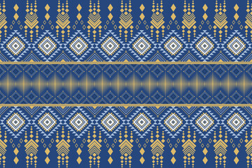 Thai geometric textile pattern in blue and gold, seamless ethnic fabric design with traditional diamond motifs.