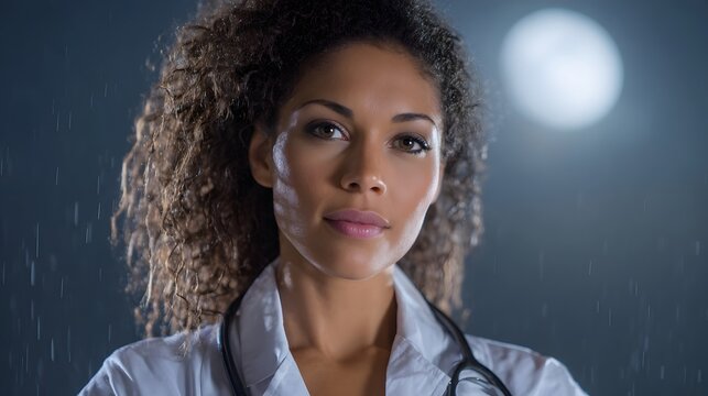 A confident female doctor in a white coat illuminated by moonlight during a night rain shower looking directly forward - Powered by Adobe