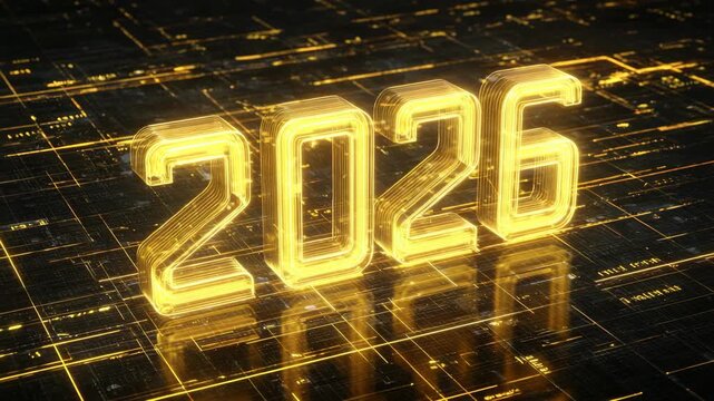 Futuristic neon 2026 glowing in digital cyber grid environment