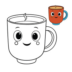 A simple mug filled with warm tea, drawn in clean outlines for coloring. Steam swirls upward, inviting creativity. Perfect for kids to shade with cozy, calming colors.