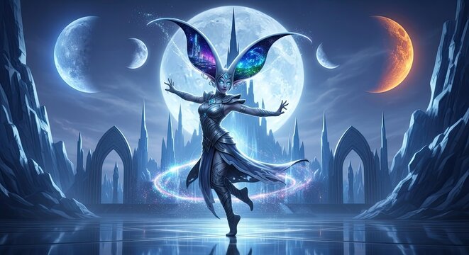 A mystical dancer with iridescent wings and a shimmering outfit poses before a majestic moon, framed by otherworldly spires and celestial bodies. A glowing aura surrounds her