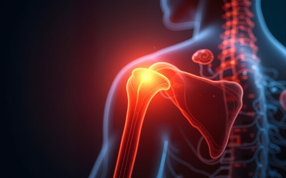 AI generated digital medical illustration of human shoulder joint glowing in red orange with holographic anatomy details futuristic sci fi style showing pain and advanced healthcare innovation