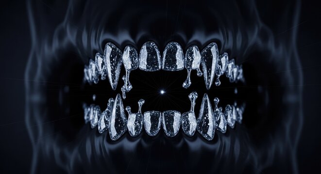 A digital rendering features a close-up of a jaw with teeth appearing to be crafted from dripping, icy material. The dark background adds a mysterious and surreal quality