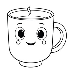 A simple mug filled with warm tea, drawn in clean outlines for coloring. Steam swirls upward, inviting creativity. Perfect for kids to shade with cozy, calming colors.