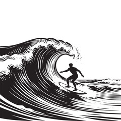 Silhouette of a surfer conquering big waves
