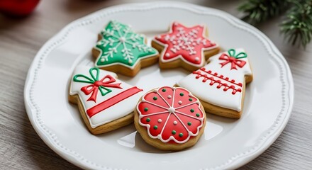 Festive assortment of deliciously decorated christmas cookies arranged artfully on a white plate