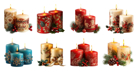 PNG Festive candles with intricate designs, element set on transparent background