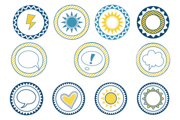 Cute Sun Icon Set with Weather and Emotion Badges - Flat Yellow Circle Vectors for Stickers, UI, and Branding
