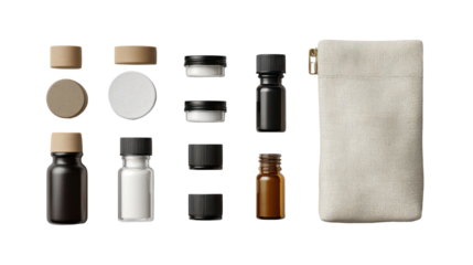 Collection of small cosmetic bottles and jars isolated on transparent background