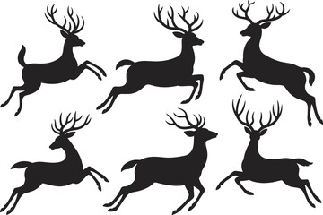 Deer silhouette leaping running motion, wild animal antlers pose, black vector wildlife icon set, nature jump scene – flat vector illustration
