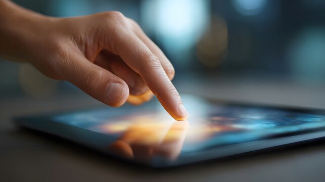 A human finger touches a glowing colorful tablet screen symbolizing digital interaction