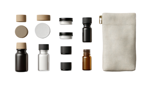 Collection of small cosmetic bottles and jars isolated on transparent background