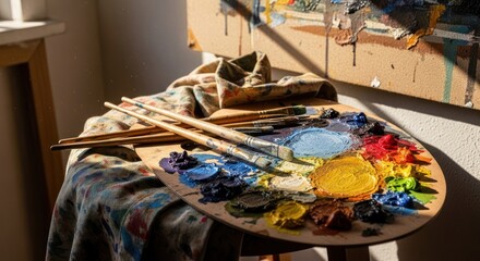 Wooden palette, paintbrushes, colors, and a canvas in sunlight creating an artistic scene