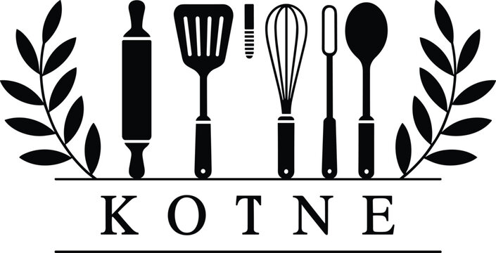 Kitchen utensil logo, cooking tools emblem, culinary brand design, black and white vector, flat vector illustration, food blog symbol