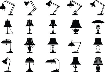 Set of Table Lamp Silhouettes Flat Vector Illustration with Various Classic and Modern Designs Including Desk Lamps, Swing Arms, and Bedside Lights for Interior Decoration