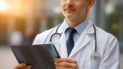Professional physician in a white coat examines an X ray during golden hour outdoors bathed in warm sunlight
