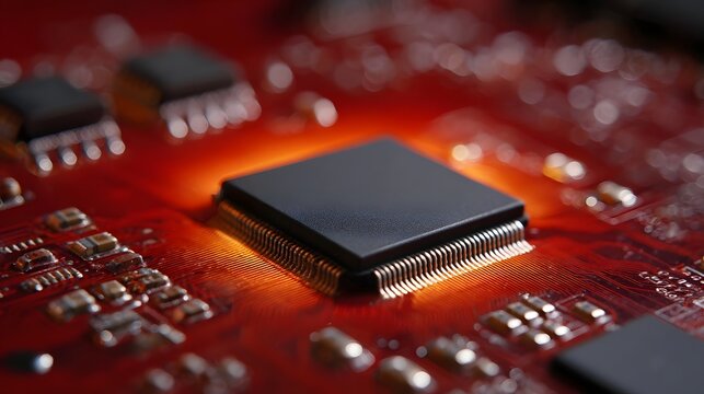 ro view of a black computer chip emitting a warm orange glow on a red circuit board