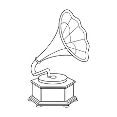 A vintage gramophone coloring page featuring a classic horn speaker, ornate base, and detailed grooves invites creativity. Perfect for adding retro charm with bold, nostalgic shades.
