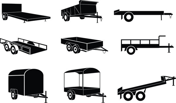 Trailer silhouette set, utility trailer icons, flatbed, dump, enclosed, transport vector, black shapes, isolated, technical haul asset, flat vector illustration