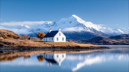 A solitary white house stands on the grassy shore of a calm lake, with majestic snow-covered mountains rising in the background.