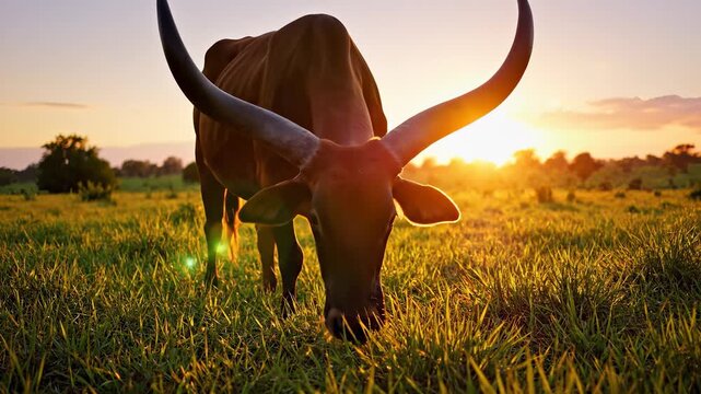 In the golden glow of sunset, a strong bull grazes peacefully on the vibrant green grass, enjoying the serene landscape. This bull stands confidently as the sun sets behind in harm