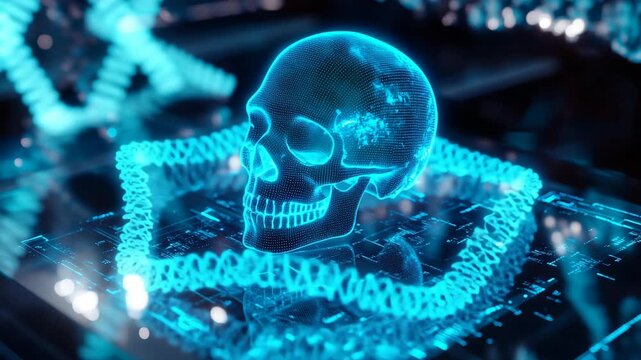 A glowing human skull illuminated in vibrant neon blue light, symbolizing the fusion of science, technology, and mystery, surrounded by abstract data waves creating a futuristic digital medical modern