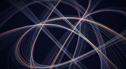Swirling, colorful light trails overlay a deep blue background, creating abstract motion