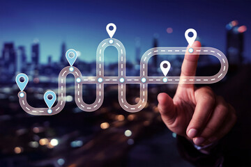 Digital Route Mapping Interface with Navigation Pins and Futuristic City Backdrop