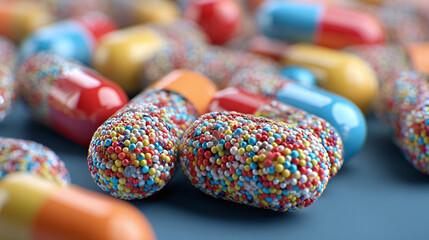 A close-up shot of colorful pills scattered across a surface, symbolizing health and medication