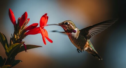 Fototapeta premium Hummingbird feeding on a red flower. Beautiful bird in flight collecting nectar. Nature and wildlife concept.