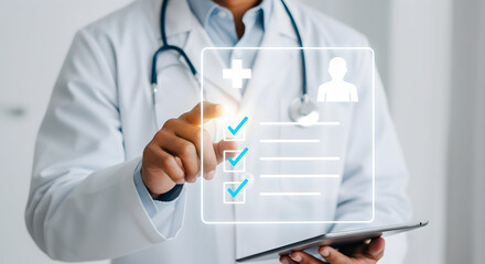 "Digital Checklist Hologram Above Laptop &mdash; Task Management and Compliance Checklist Interface with Checkboxes for Quality Assurance, Workflow Tracking and Productivity"

