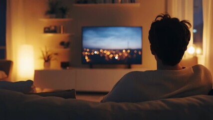 Man relaxing on sofa watching movie on television in soft evening light, symbolizing peace, comfort, and rest in a modern home, blending technology with cozy atmosphere and personal comfort weekends