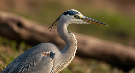 Fototapeta premium Close up of a graceful great blue heron bird with a long neck and yellow eye. Wildlife photography for nature and birdwatching themes, showing detail of feather and beak.