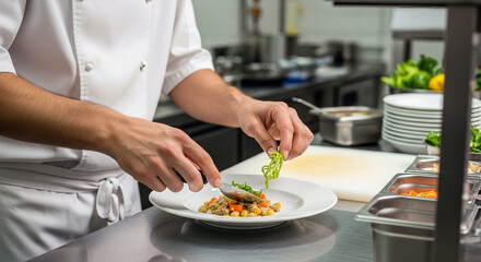 Professional restaurant kitchen, chef plating a dish on a white plate.