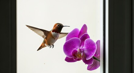 Obraz premium Hummingbird approaches a vibrant purple orchid in front of a window