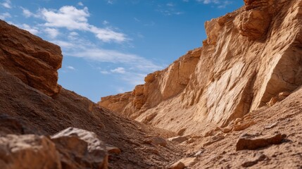 Fototapeta premium Close-Up View of Natural Rock Layers Crumbling in San Desert Landscape Under Clear Blue Sky